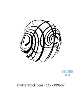 Abstract creative monochrome vector orb logo or sphere shape illustration with strips. Dynamic futuristic 3d logotype with thin line streaks for business design isolated