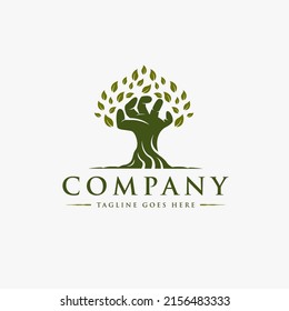 Abstract creative nature hand and tree logo vector icon on dark background