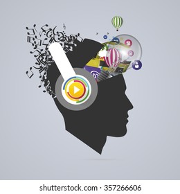Abstract creative open head. Genius mind. Music artist. Vector.