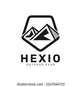 Resumen del logotipo creativo al aire libre con la combinación de formas de montaña y hexágono