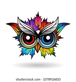 Abstract creative owl mask. Art style with colorful maple leaf.