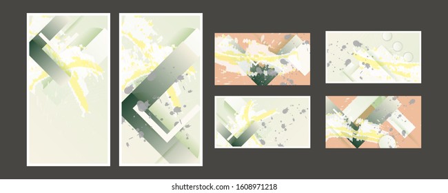 Abstract creative paint splashes and strokes with geometric elements. Set of cards of different shapes color covers vector