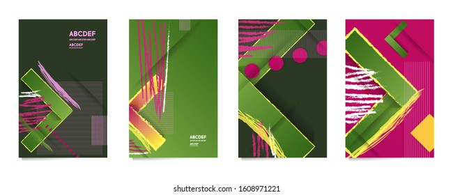 Abstract creative paint splashes and strokes with geometric elements. Set of cards of different shapes color covers vector collection
