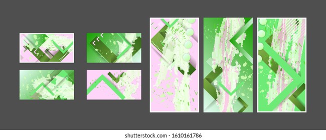 Abstract creative paint splashes and strokes with geometric elements. Set of cards of different shapes color covers vector collection