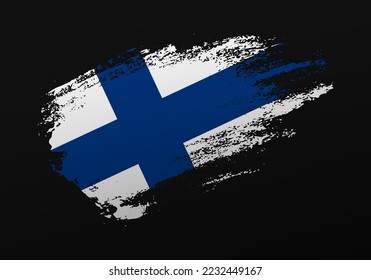 Resumen creativo patriótico a mano pintado de la bandera de Finlandia en el fondo negro