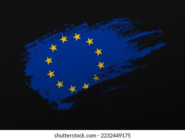 Abstract creative patriotic hand painted stain brush flag of European Union on black background