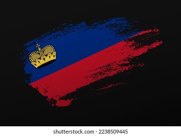 Abstract creative patriotic hand painted stain brush flag of Liechtenstein on black background