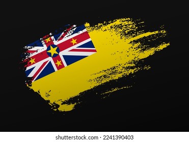 Abstrakter, kreativer, patriotischer handgemalter Fleckenpinselfahne von Niue auf schwarzem Hintergrund
