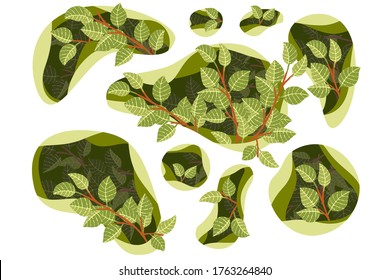 Abstract creative pattern with green leaves on tree branches flat vector illustration on white background