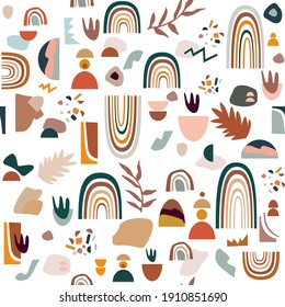 Abstract creative pattern. Modern art background. Modern graphic design. Pattern with abstraction elements, tropical leaves and natural shapes.
