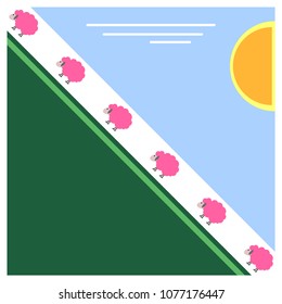 Abstract creative pattern with pink sheep, triangle elements like grass, sky with sun and line clouds. Minimalist vector background for your design.