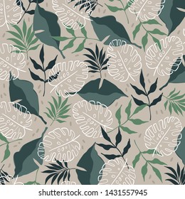 Abstract creative pattern with tropical plants and artistic background. Modern exotic design for paper, cover, fabric, interior decor and other users.