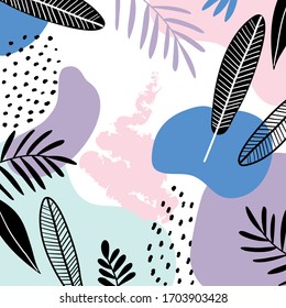 Abstract creative pattern with tropical plants. Modern collage floral pattern. Wrapping paper or fabric. Texture for menu, booklet, banner, website. Vector illustration.