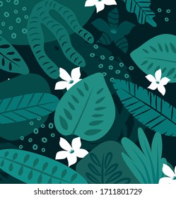 Abstract creative pattern with tropical plants. Modern collage floral pattern. Wrapping paper or fabric. Texture for menu, booklet, banner, website. Vector illustration. Abstract print for clothes.