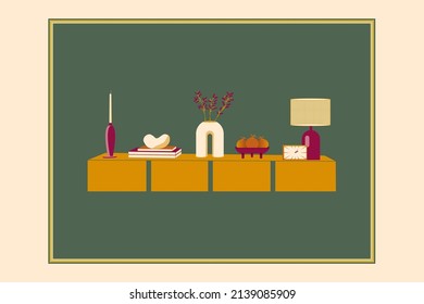 Abstract creative patterns. Living room interior with furniture, indoor plants, books and home decorations. Flat cartoon vector illustration.