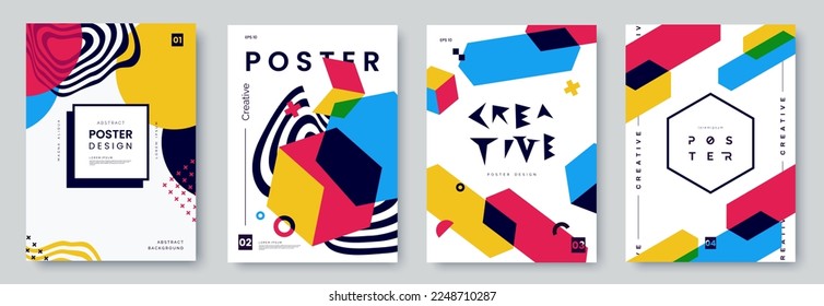 Abstract creative poster collection with colorful geometric shapes and graphics on white backdrop. Set of bright colorful artistic banners with place for text. Youth style backgrounds. Vector eps 10