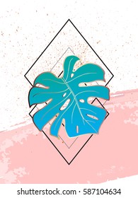 Abstract creative poster. Geometric shapes and monstera leaf. In the style of art Deco and Memphis. Bronze outlines on pink stroke and texture spray ink. Vector. Design template brochure or cover.