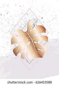 Abstract creative poster. Geometric shapes and monstera leaf. In the style of art deco and Memphis. Gold tropical leaf on the texture spray and grey brushstroke. Use for cover design or placard.