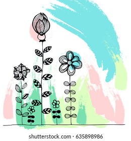 Abstract creative poster with hand-drawn blots and flowers. Modern background. Vector illustration.