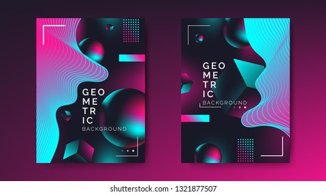 abstract  creative posters flyer design with 3d geometric shapes dynamic waves on dark background