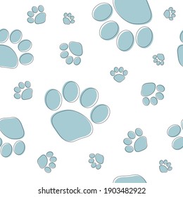 Abstract and creative print of paws in tender muted blue color on white. Randomly scattered symbol. Great for wrapping, packaging, fabric design, banner, backdrop. Suits for kids.