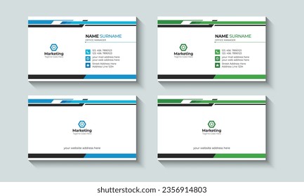 Abstract and Creative Professional Business card or Visiting Card Layout template design. Identity, Contact, Branding, Blue, Green.