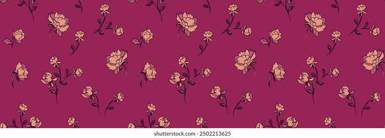  Abstractas creativo rosebuds, patrón de rosas. Dibujo a mano de Vector. Estilizadas pequeñas ramas flores sin estampado sobre un fondo borgoña. Ornamentos simples para los diseños, materia textil, diseño superficial