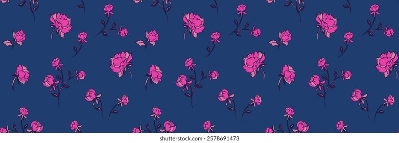 Abstract creative rosebuds, roses pattern on a dark blue background. Vector hand drawing. Stylized tiny branches flowers seamless print. Simple ornaments for designs, textile, surface design