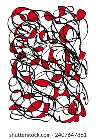 Abstract creative scribble background. Black hand drawn lines with red shapes. Squiggle pattern. Vector
