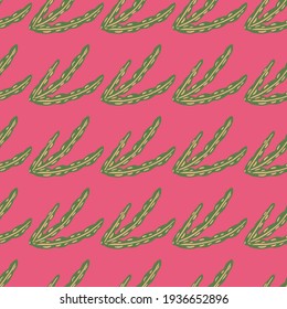 Abstract creative seamless marine nature pattern with wild green seaweed silhouettes print. Pink background. Perfect for fabric design, textile print, wrapping, cover. Vector illustration.