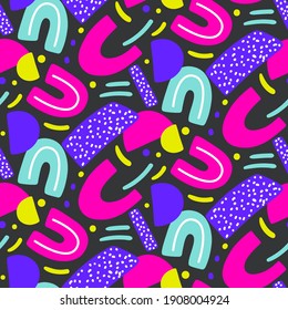 Abstract creative seamless pattern with bright neon shapes. Vector vibrant texture with geometric figures. Modern colorful repetitive print. Contemporary background. Trendy design.