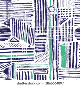 Abstract and creative seamless pattern design with hand drawn free style lines, dashes, scribbles and shapes. Artistic repeat background with mid-century modern taste