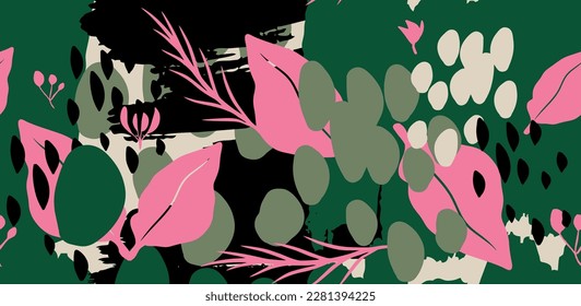 Resumen de un patrón creativo sin fisuras con plantas florales y fondo artístico. Diseño moderno para papel, cubierta, tela, decoración interior y otros usuarios.