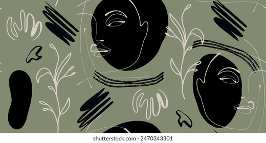 Abstract creative seamless pattern with floral plants and artistic women faces. Modern design for paper, cover, fabric, interior decor and other users.
