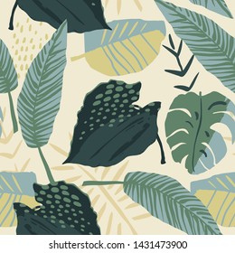 Abstract creative seamless pattern with tropical plants and artistic background. Modern exotic design for paper, cover, fabric, interior decor and other users.