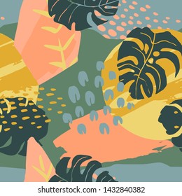 Abstract creative seamless pattern with tropical plants and artistic background. Modern exotic design for paper, cover, fabric, interior decor and other users.