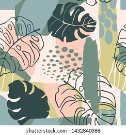 Abstract creative seamless pattern with tropical plants and artistic background. Modern exotic design for paper, cover, fabric, interior decor and other users.