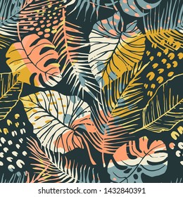 Abstract creative seamless pattern with tropical plants and artistic background. Modern exotic design for paper, cover, fabric, interior decor and other users.