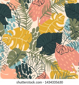 Abstract creative seamless pattern with tropical plants and artistic background. Modern exotic design for paper, cover, fabric, interior decor and other users.