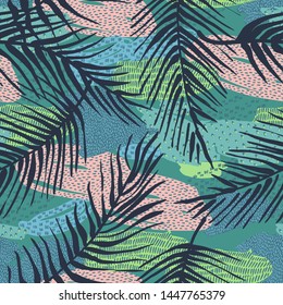 Abstract creative seamless pattern with tropical plants and artistic background. Modern exotic design 