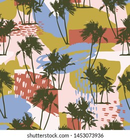 Abstract creative seamless pattern with tropical palms and artistic background. Modern exotic design for paper, cover, fabric, interior decor and other users.