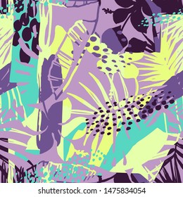 Abstract creative seamless pattern with tropical plants and artistic background. Modern exotic design for paper, cover, fabric, interior decor and other users.