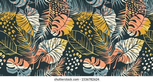 Abstract creative seamless pattern with tropical plants and artistic background. Modern exotic design for paper, cover, fabric, interior decor and other users.