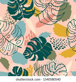 Abstract creative seamless pattern with tropical plants and artistic background. Modern exotic design for paper, cover, fabric, interior decor and other users.