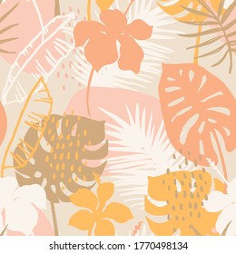 Abstract creative seamless pattern with tropical plants and artistic background. Modern exotic design for paper, cover, fabric, interior decor and other users.