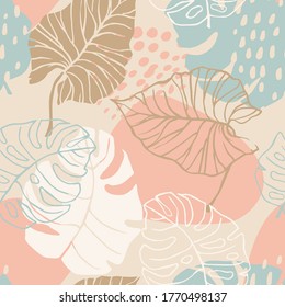 Abstract creative seamless pattern with tropical plants and artistic background. Modern exotic design for paper, cover, fabric, interior decor and other users.