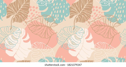 Abstract creative seamless pattern with tropical plants and artistic background. Modern exotic design for paper, cover, fabric, interior decor and other users.