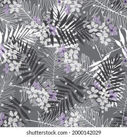 Abstract creative seamless pattern with tropical plants and artistic background. Modern exotic design for paper, cover, fabric, interior decor 