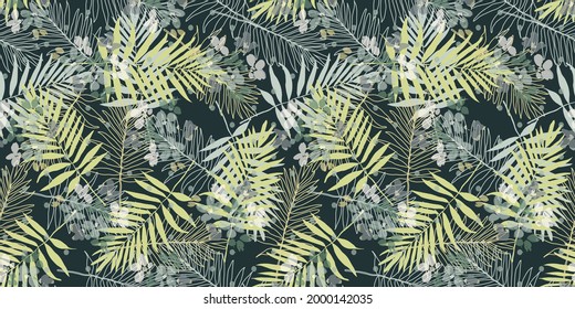 Abstract creative seamless pattern with tropical plants and artistic background. Modern exotic design for paper, cover, fabric, interior decor 