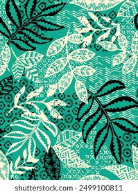 Abstract creative seamless pattern with tropical plants and artistic background,ethnic,leaves,leaf,seamless pattern